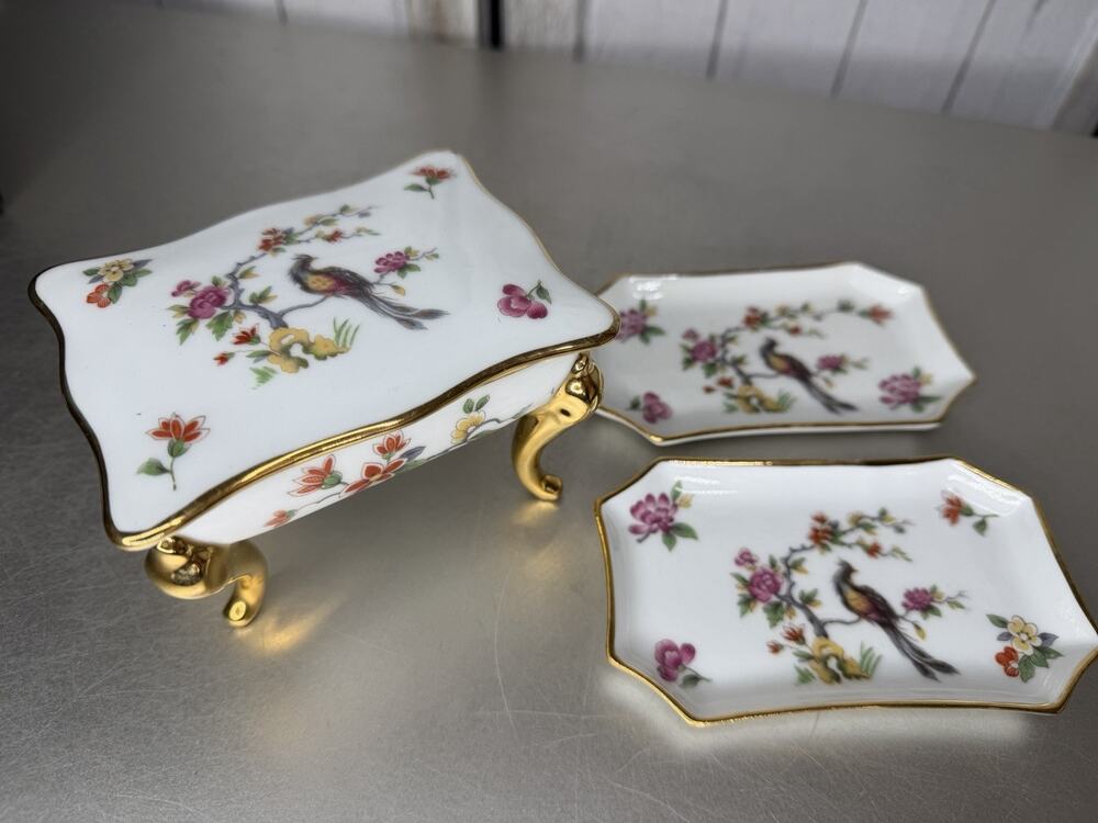 Vintage Limoges France Trinket Footed Dish & 2 Mini Plates Peacock Flowers Gold